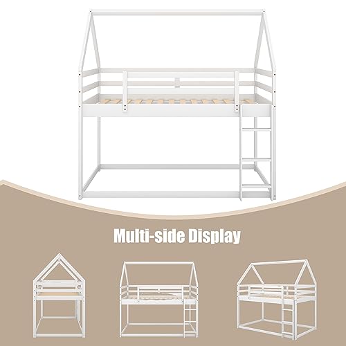 ZJIAH Twin Over Twin Solid Wood House Bunk Bed with Ladder and Safety Guardrails - Fun and Stylish Sleep Solution for Teens ZJIAH