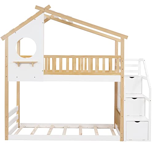 Harper & Bright Designs Twin Over Twin Bunk Bed with Stairs, Stairway House Bunk Bed Frame with Storage and Guard Rail for Kids Girls Boys (Natural and White) Harper & Bright Designs