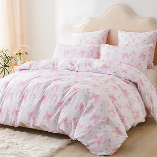CCoutueChen Duvet Cover Twin 2Pcs Pink Floral Bow Bedding Set for Girls Kids, Romantic Princess Style Bowknot Bedding, Ultra Soft Reversible Garden Flower Duvet Cover Set(1 Pillowcase,No Comforter) CCoutueChen