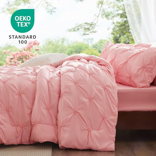 BEDELITE Pink Queen Comforter Set - 3 Pieces Boho Pintuck Bedding Comforter Sets, Lightweight Soft & Warm Bed Comforter with 2 Pillowcases for All Season,Valentines Day BEDELITE