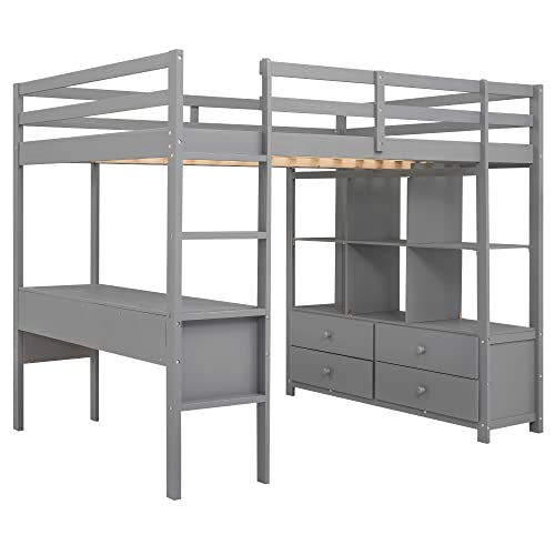 Harper & Bright Designs Full Size Grey Loft Bed with Desk, Storage Drawers, and Shelves Harper & Bright Designs