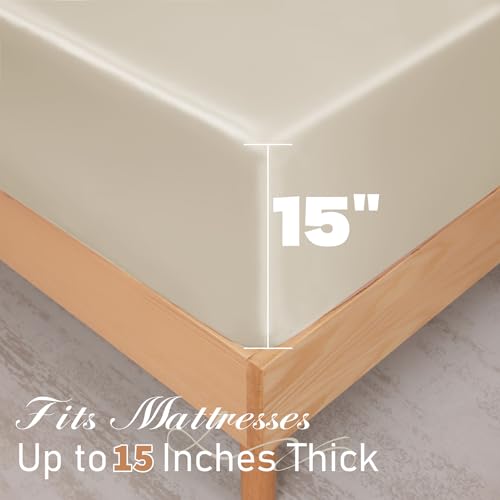 NSGZ 3 Pcs Satin Fitted Sheet and Pillowcase Set, King Silky Bottom Bedsheet Fit up to 15 Inch Deep Pocket Mattress, Taupe Soft Satin Bedding Includes 1 Fitted Sheet and 2 Pillowcases NSGZ