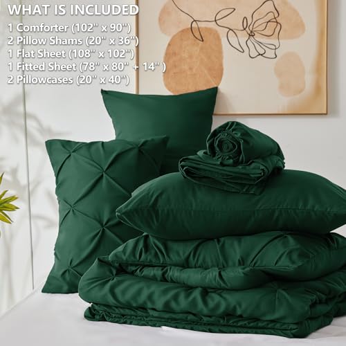 CozyLux King Size Comforter Set Emerald Green, 7 Pieces Pintuck Bed in A Bag Green Comforter King Size, Pinch Pleat Bedding Set with All Season Comforter, Sheets, Pillowcases & Shams CozyLux