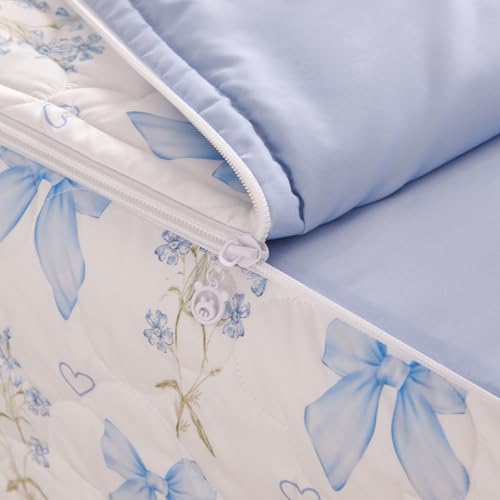 Jolusere Zipper Bedding Twin Blue Bow Comforter Zipper Bedding Set for Kids Girls,Cute Princess Bowknot Coquette Floral Design, All in one Zipper Bedding(Blue,Twin) Jolusere