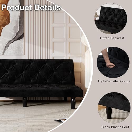 ODOLAR 66" Black Velvet Futon Sofa Bed, Sturdy Wood Frame & High-Elastic Foam, 3 Adjustable Gears, Multi-Functional for Living Room/Apartment/Bedroom, Easy Assembly (Black) ODOLAR