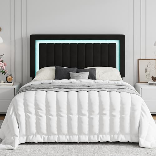 SHA CERLIN Queen Size Velvet Bed Frame with LED Light, Adjustable Vertical Channel Tufted Headboard, Strong Wooden Slats Support, Noise-Free, No Box Spring Needed, Black SHA CERLIN