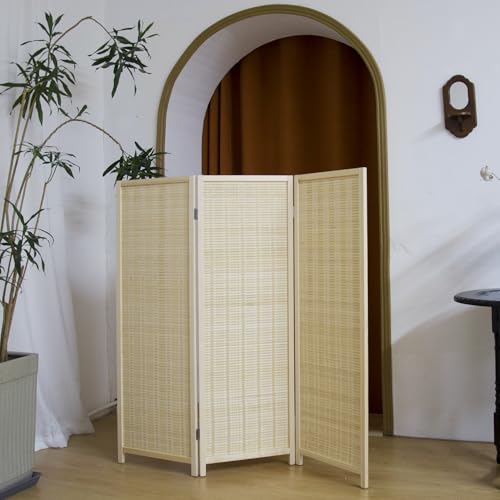 Pawlabay 3 Panel Short Panel Divider Screen,3.95 FT Tall Bamboo Room Divider Folding Privacy Screen,Short Panel Divider Freestanding Room Divider for Room Seperation,Beige PawlaBay