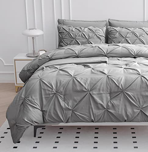 LANE LINEN Twin Sized Comforter Set – 5 Pc Luxury Down-Alternative - Pintuck Stitch Design Bedding - 1 Comforter, 1 Flat Sheet, 1 Fitted Sheet, 1 Pillowcase & 1 Sham - Easy Care, Machine Wash – Silver LANE LINEN