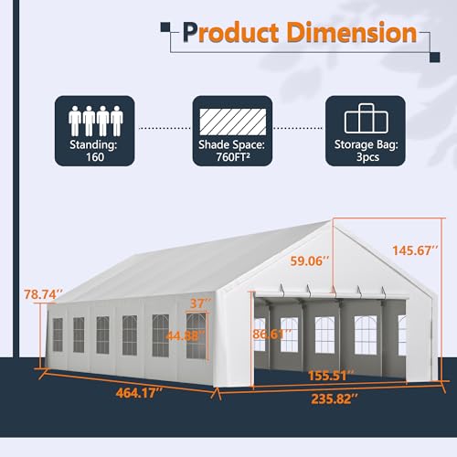 20x40FT Heavy Duty Party Tent - Commercial Wedding Canopy with Removable Sidewalls, 3 Carry Bags & UV Protection, Large Outdoor Gazebo for Events, Camping, Carport Rueekfil
