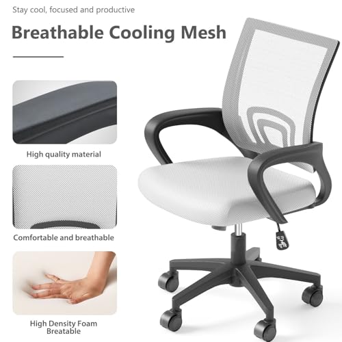 OS MOTOR Home Office Chair, Ergonomic Mid-Back Mesh Desk Chair with Lumbar Support, Adjustable Swivel Rolling Design, Comfy Armrest for Work, Study, Gaming, Vanity (White, Single Chair) OS MOTOR