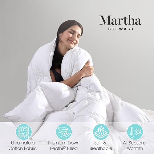 Martha Stewart White Down Feather Comforter Twin Size - 600 Fill Power 100% Cotton Down Duvet Insert, Made in USA, All Season Medium Warmth Comforter with Corner Loops - 68" x 90" Martha Stewart