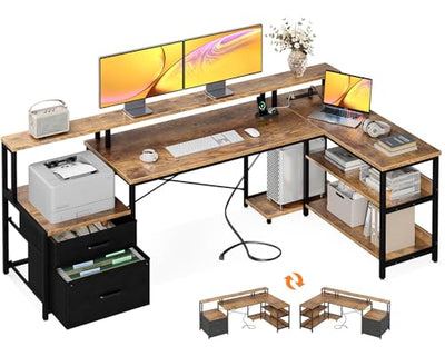 ODK 75" L Shaped Desk with File Drawers, Work from Home Office Desk with Power Outlet, Reversible Computer Desk with Storage Shelves, Gaming Desk with Monitor Shelf, Corner WFM Table, Vintage