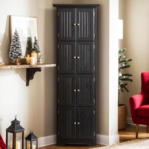 TRJQBCC 72" H Farmhouse Corner Storage Cabinet with 8 Doors & 4 Shelves, 4 Tier Kitchen Corner Pantry Cabinet Wooden Organizer Case Bookshelf, Home Space Saver Cabinet for Kitchen,Living Room(Black) TRJQBCC