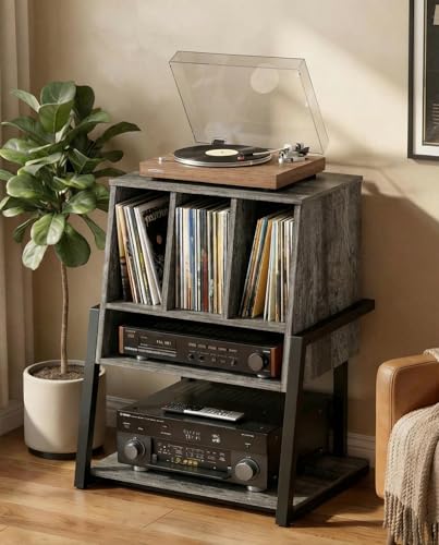 Homieasy Record Player Stand with Power Outlet & Smart LED, 3-Tier Vinyl Record Storage Cabinet for 200+ Albums, 22" Turntable Station with Wooden Dividers, Modern End Table for Small Space, Grey Oak Homieasy