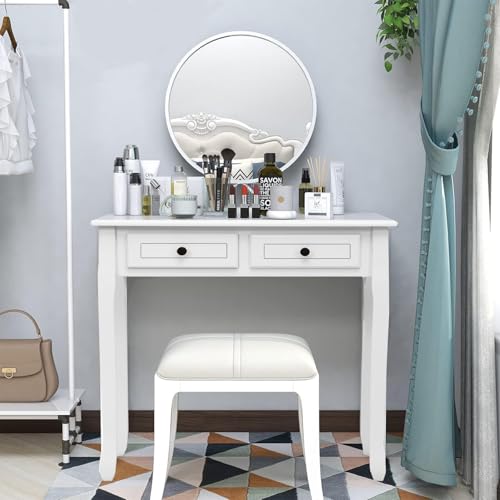 DMAITH Small White Writing Desk with Hutch – 32" Home Office Desk with Drawers | Compact Computer Desk, Vanity Makeup Table for Bedroom or Study Room DMAITH