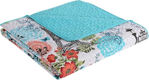 VCNY Home Blue Quilt for Queen Bed - 3-Piece Full or Queen Comforter Alternative, Bedspread Coverlet with Shams (Eiffel Paris Decor) VCNY Home
