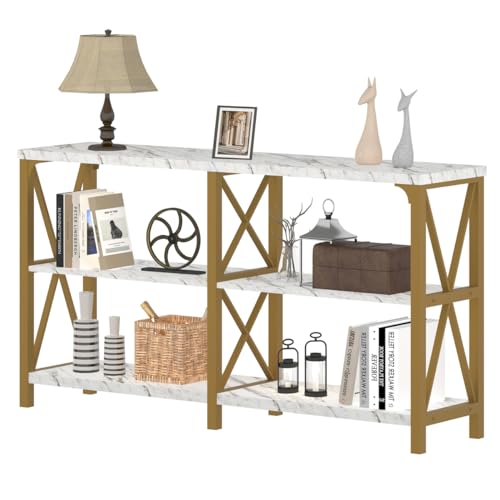IBF Modern 3 Tier Entryway Table, Industrial Metal Wood TV Console Table with Storage Shelves, Farmhouse White Faux Marble and Gold Sofa Accent Table for Hallway Entry Way Foyer Living Room, 55 Inch IBF