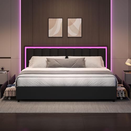 IMMERSTABLE King Size Bed Frame with 4 Storage Drawers, Upholstered Bed Frames with Headboard, RGB LED Lights, Heavy Duty Metal and Wood Slat Support, No Box Spring Needed, Easy Assembly, Black IMMERSTABLE