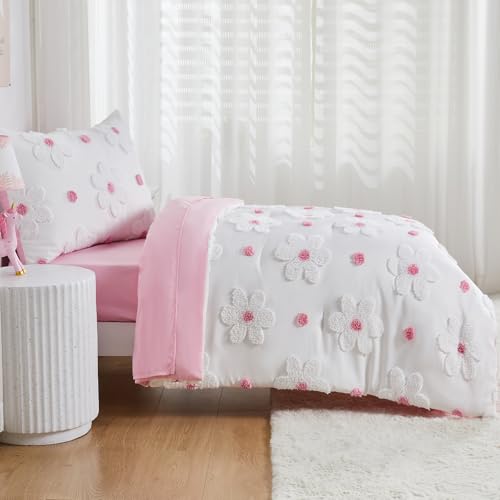 CotComf Toddler Bedding Set for Girls 4-Piece Pink Boho Tufted Daisy Flowers Toddler Comforter Sheets Set Bed-in-a-Bag Toddler Bedroom Set with Comforter, Flat Sheet, Fitted Sheet, Pillowcase CotComf