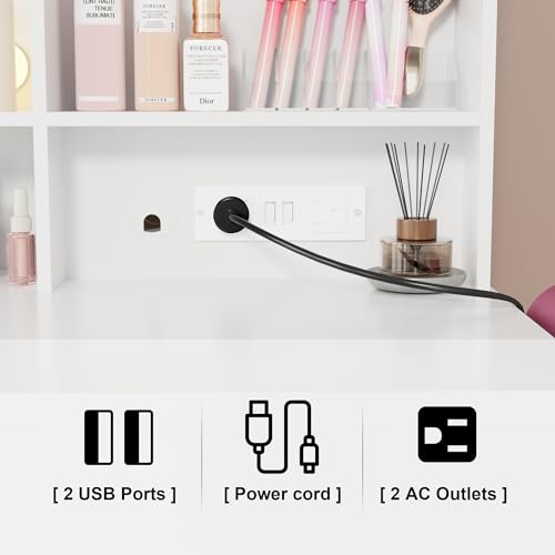 Furmax Vanity Desk with LED Lighted Mirror&Power Outlet, 39.3’’ Makeup Vanity Table with 4 Drawers and 3 Storage Shelves, Adjustable 3 Lighting Color for Bedroom&Dressing Room (White) Furmax