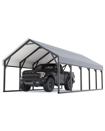 GarveeLife Oversized Metal Carport 12x25 ft, Reinforced Frame and Steel Roof for All-Weather Use, Permanent Shelter for Bass Boats, Full-Sized Pickup Trucks, and Tractors GarveeLife