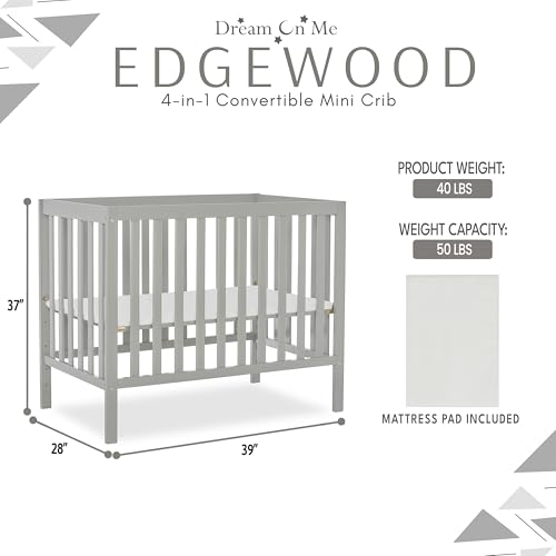Dream On Me Edgewood 4-In-1 Convertible Mini Crib In White, JPMA Certified, Non-Toxic Finish, New Zealand Pinewood, With 3 Mattress Height Settings, Included 1" Mattress Pad Dream On Me
