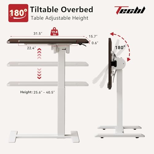 TecbL 180° Tiltable Mobile Standing Desk, Overbed Table with Wheels, 25.6" - 40.5" Height Adjustable Bedside Table, Portable Rolling Computer Desk for Home Office, Hospital (Walnut) TecbL