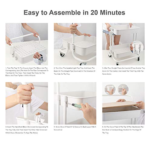 DTK 3 Tier Rolling Utility Cart with Cover Top - Versatile Kitchen and Home Storage Solution in White DTK