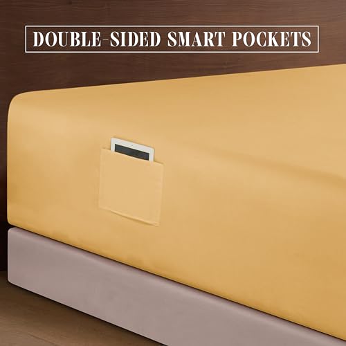 Elegant Comfort 1500 Premium Quality 6-Piece Bed Sheet Set - 18-24 Inch Extra Deep Pocket, Smart Storage Pockets, Wrinkle Free Ultra Soft 6PC Extra Deep Pocket Sheets, Queen, Gold Elegant Comfort