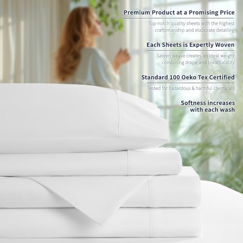 Shilucheng 100% Cotton Sheets Set - 600 Thread Count, Extra Deep Pocket Sheets Fits 18"-24" Thick Mattress, Breathable & Cooling, Luxury Egyptian Cotton Bed Sheets 4 Piece (Queen,White) Shilucheng