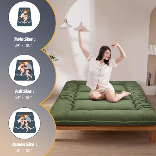 MAXYOYO 6" Extra Thick Japanese Floor Mattress Futon Mattress, Foldable Tatami Pad for Adults, Roll Up Floor Bed for Guest Room Bedroom RV, Green, Queen MAXYOYO