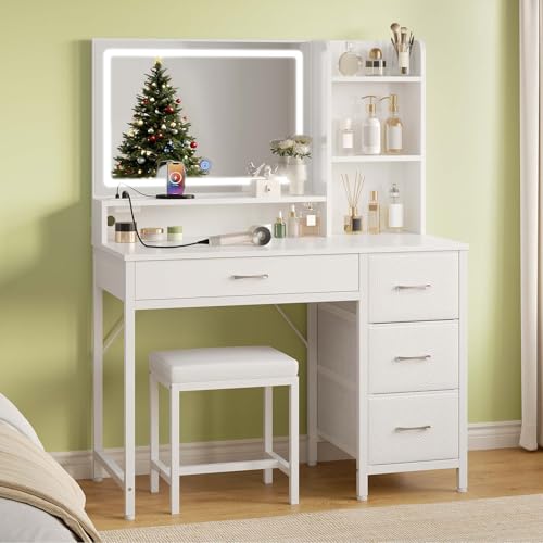Greenstell Vanity Desk with Mirror and Lights, Makeup Vanity Table with Upholstered Stool, 4 Drawers & 3 Storage Shelves, Power Outlet, 3 Adjustable Lighting Modes for Bedroom and Dressing Room, White GREENSTELL