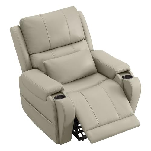 CHITA Power Lift Recliner Chair for Elderly with Heat and Massage, Genuine Leather Electric Lift Chairs with Cup Holder, Removable Lumbar Pillow, 2 Side Pockets, Leather in Gray