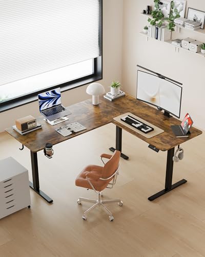 YORIWELL 63 Inches Reversible L Shaped Standing Desk for Home Office, Electric Height Adjustable Corner Computer Desk, Sit Stand up Table with Cup Holder, Ergonomic Gaming Desk, Rustic Brown YORIWELL