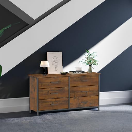 IKENO 6 Drawer Double Dresser, Industrial Wood Dresser for Bedroom, Storage Cabinet with Sturdy Steel Frame IKENO