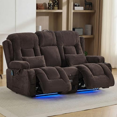 TUNYI Wall Hugger Loveseat Recliner Sofa with Console, Power Reclining Loveseat RV Couch with Massage & Heat/USB/Outlet/Storage/LED Light/Speaker (Brown)