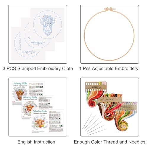 Louise Maelys 3 Sets Embroidery Kits for Beginners,Cross Stitch Kit for Adults,Starters DIY Needlepoint Including Hoop -Highland Cow and Florals Pattern