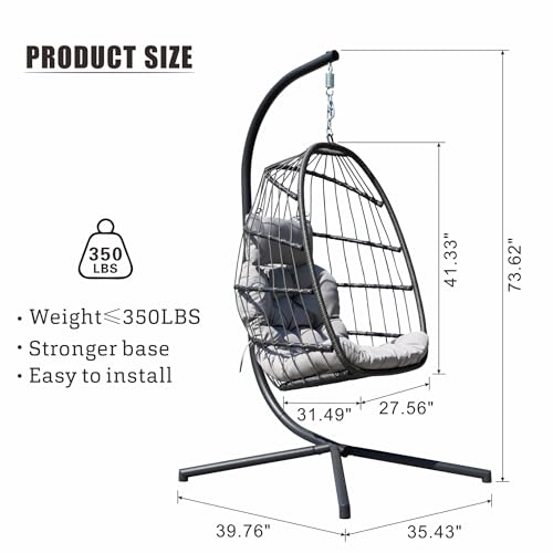 HWB Hanging Egg Chair with Stand, Patio Wicker Egg Swing Chair with Cushion for Bedroom Garden Indoor Outdoor (Grey) HWB