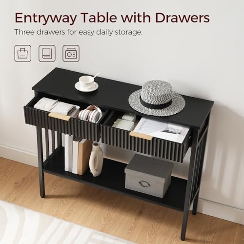MAHANCRIS Console Table, Narrow Long Entry Table with Storage Shelf, 2-Tier Fluted Entryway Table with 2 Drawers, for Entryway, Living Room, Foyer, Hallway, Office, Black CTHB5101 MAHANCRIS