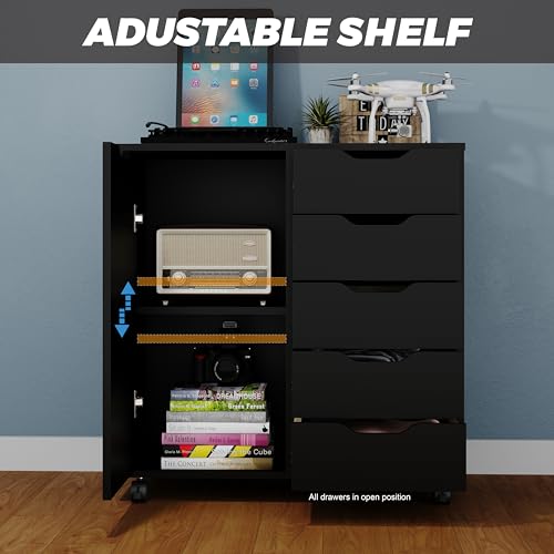 Panana 5-Drawer Chest with 1 Door, Wooden Chest of Drawers Storage Dresser Cabinet with Wheels, Office Organization and Storage, Bedroom Furniture (Black-S) Panana