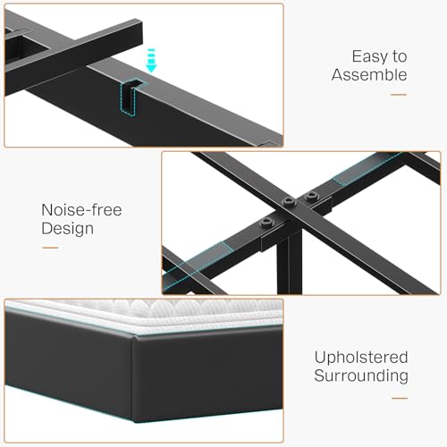 Dnxao King Size Floating Bed Frame with Storage Headboard, Tall 44" Upholstered Platform Bed with Charging Station, Dual-Zone LED Lights, No Box Spring Needed, PU Black Dnxao