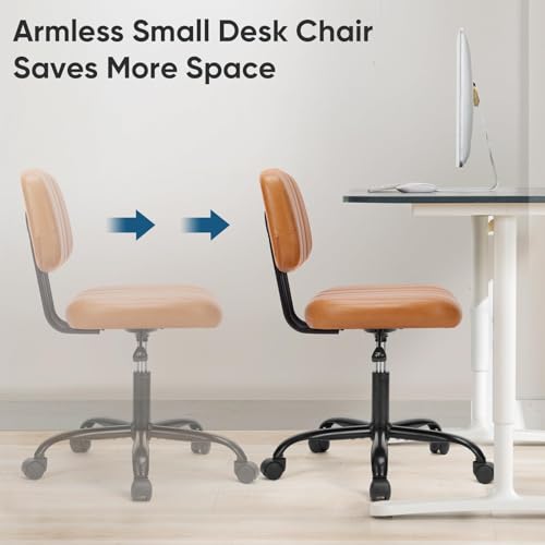DUMOS Armless Small Home Office Desk Chair - Vanity Task Chair with Low Back, Height Adjustable PU Leather Swivel Computer Chair with 360° Rolling Wheels, Deep Brown DUMOS