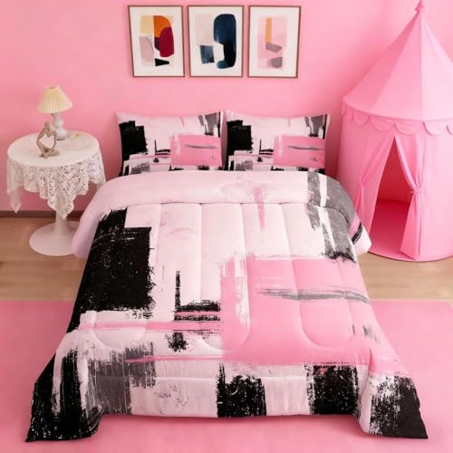 Feelyou Abstract Comforter Modern Abstract Art Comforter Set for Boys Girls Children Pink Black Pattern Bedding Set Room Decor Twin Size Duvet Set 2Pcs Feelyou