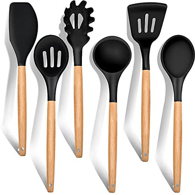 E-far Cooking Utensils Set of 6, Silicone Kitchen Utensils with Wooden Handle, Non-stick Cookware Friendly & Heat Resistant, Includes Spatula/Ladle/Slotted Turner/Serving Spoon/Spaghetti Server(Black)