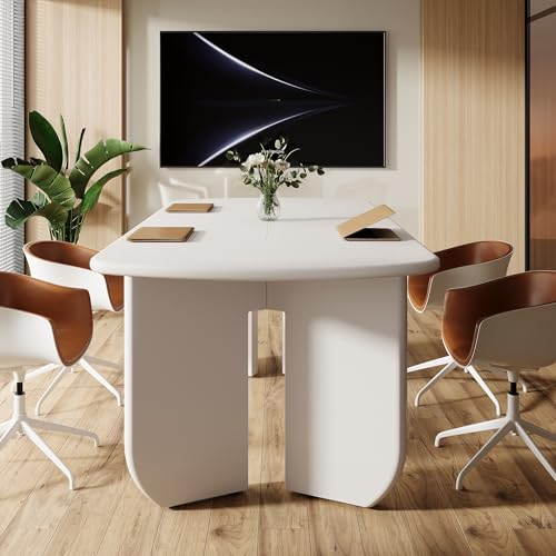Tribesigns 5ft Conference Table for 4-6 People, 63" Large Meeting Table with Rounded Edges & Curved Base, Rectangle Conference Room Table, Modern Minimalist Workstation for Office, White Tribesigns