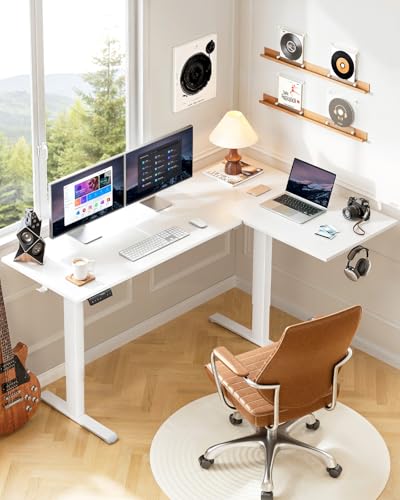 HUANUO L-Shaped Standing Desk, 63 x 40 inch Dual Motor Corner Standing Desk, Electric Height Adjustable Computer Desk with Cable Tray & 3 Preset Heights, Raising Desk for Home Office, White, HNESD109 HUANUO