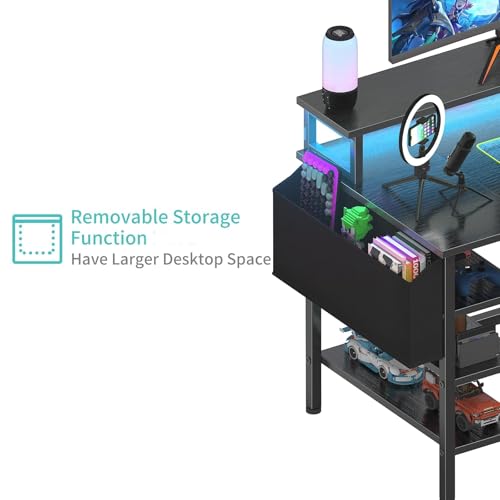 Lufeiya Gaming Desk with LED Lights and Storage Shelves, 47 inch Computer Desk with Power Outlets, Home Office Desk with Monitor Stand, Writing Table PC Desks, Black Lufeiya