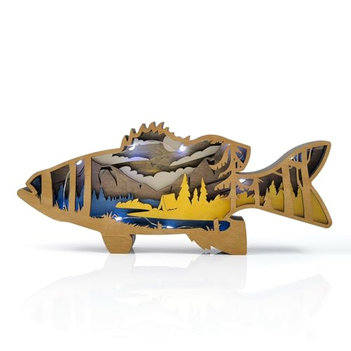 Gepas Wooden Fish Ocean Decor, Wooden Sea Bass Silhouettes and Sculptures, White Lights Decoration, 3D Wooden Coastal Scenery, Tabletop Decorations, Wall Decor, Personalized Free Engraving Gepas