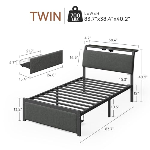 Rolanstar Twin Bed Frame with Ergonomic Headboard Storage & Charging Station, Upholstered Platform Bed with LED Light & Drawer, Heavy Duty Metal Slats, Noise Free, No Box Spring Needed, Grey Rolanstar