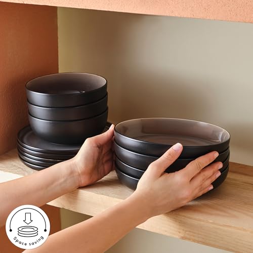Karaca Mercure 59 Piece Stoneware Plates and Bowls Set, Reactive Glaze Black Dinner Set, Complete Kitchen Tableware Collection, Ideal Dinnerware for 12 People Dining Experience, Dishwasher Safe KARACA